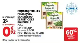 Auchan Supermarché Epinards feuilles préservées sans résidu de pesticides bonduelle offre