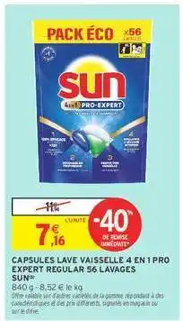 Intermarché CAPSULES LAVE VAISSELLE 4 EN 1 PRO EXPERT REGULAR 56 LAVAGES SUN offre