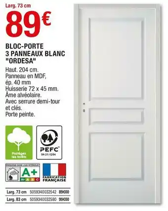 Brico Dépôt Bloc-porte 3 panneaux blanc "ordesa" offre