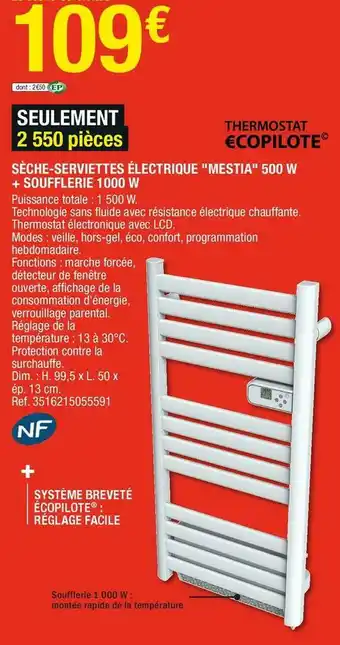 Brico Dépôt Sèche-serviettes électrique "mestia" 500 w + soufflerie 1000 w offre