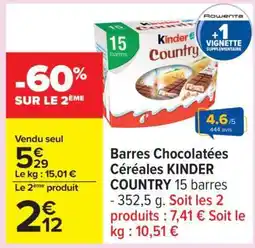Carrefour Barres Chocolatées Céréales KINDER COUNTRY 15 barres offre