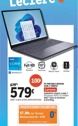 E.Leclerc Pc portable ideapad slim 3 16irh10 lenovo offre