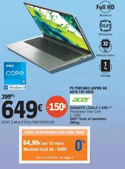 E.Leclerc Pc portable aspire go ag15-72p-56cq acer offre
