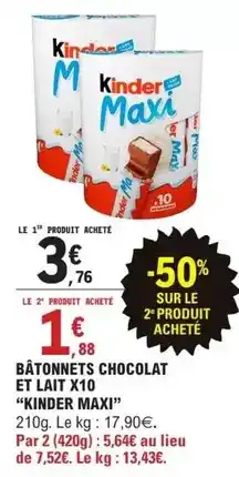 E.Leclerc Kinder - bâtonnets chocolat et lait x10 maxi offre