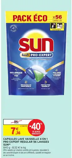 Intermarché Express Capsules lave vaisselle 4 en 1 pro expert regular 56 lavages sun offre