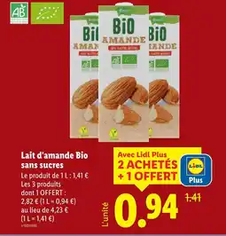 Lidl Vemondo lait d'amande bio sans sucres offre
