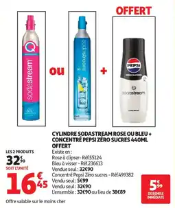 Auchan Cylindre sodastream rose ou bleu + concentré pepsi zéro sucres offre