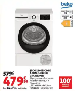 Auchan Sèche linge pompe à chaleur beko d3h211393w offre