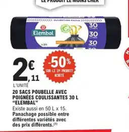 E.Leclerc ELEMBAL 20 sacs poubelle avec poignées coulissantes offre