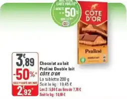 G20 Chocolat au lait praliné double lait côte d'or offre