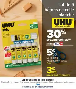 Carrefour Market Lot de 6 bâtons de colle blanche uhu offre