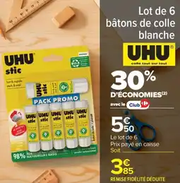 Carrefour Market Lot de 6 bâtons de colle blanche uhu offre