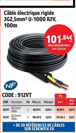 Screwfix Câble électrique rigide 3g2,5mm² u-1000 r2v offre