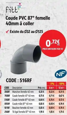 Screwfix Fitt coude pvc 87° femelle 40mm à coller offre