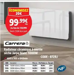 Screwfix Carrera radiateur céramique à inertie sèche jarpa blanc 1000w offre