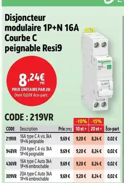 Screwfix Schneider disjoncteur modulaire 1p+n 16a courbe c peignable resi9 offre