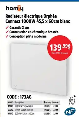 Screwfix Hom'y radiateur électrique orphée connect 1000w offre