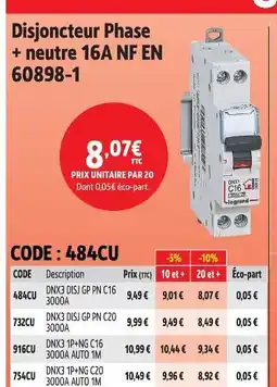 Screwfix Legrand disjoncteur phase + neutre 16a nf en 60898-1 offre