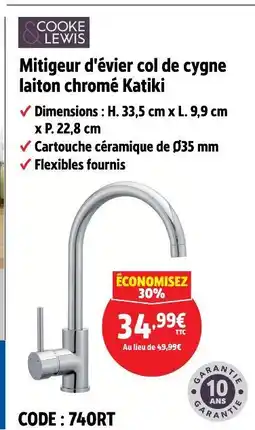 Screwfix Cooke&lewis mitigeur d'évier col de cygne laiton chromé katiki offre
