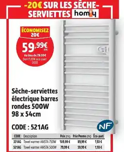 Screwfix Sèche-serviettes électrique barres rondes 500w 98 x 54cm offre
