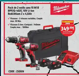 Screwfix Milwaukee pack de 2 outils sans fil m18 bpp2q-402c 18v li-ion redlithium 2 x 4,0ah offre