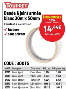 Screwfix Toupret bande à joint armée blanc offre