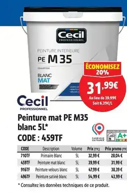 Screwfix Cecil professionnel peinture mat pe m35 blanc 5l offre
