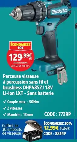 Screwfix Makita perceuse visseuse à percussion sans fil et brushless dhp485zj 18v li-ion lxt- sans batterie offre