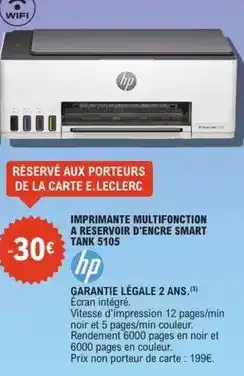 E.Leclerc Hp - imprimante multifonction a reservoir d'encre smart tank 5105 offre