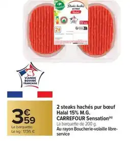 Carrefour Market 2 steaks hachés pur boeuf halal 15% m.g. carrefour sensation offre