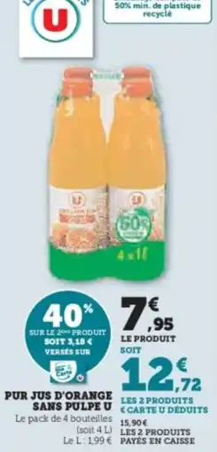 Super U Pur jus d'orange sans pulpe u offre