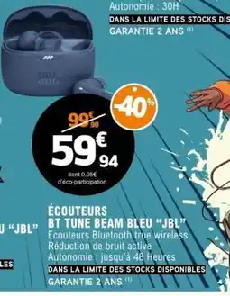 E.Leclerc ÉCOUTEURS BT TUNE BEAM BLEU “JBL” offre