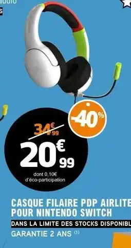 E.Leclerc CASQUE FILAIRE PDP AIRLITE POUR NINTENDO SWITCH offre