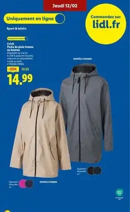 Lidl CRIVIT Parka de pluie femme ou homme offre