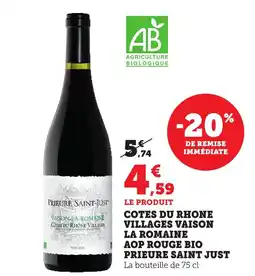 Bi1 PRIEURE SAINT JUST Cotes du rhone villages vaison la romaine aop rouge bio offre