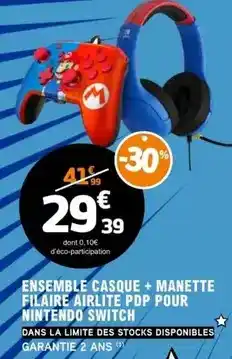 E.Leclerc Nintendo - ensemble casque + manette filaire airlite pdp pour mintendo switch offre