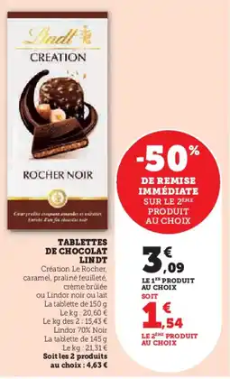 Hyper U Tablettes de chocolat lindt offre