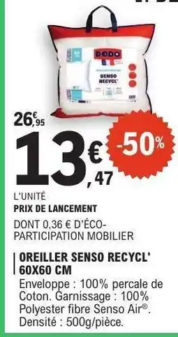 E.Leclerc OREILLER SENSO RECYCL' 60X60 CM offre