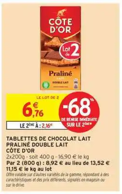 Intermarché TABLETTES DE CHOCOLAT LAIT PRALINÉ DOUBLE LAIT CÔTE D'OR offre