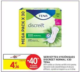 Intermarché SERVIETTES HYGIÉNIQUES DISCREET NORMAL X30 TENA offre