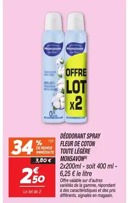 Netto MONSAVON Déodorant spray fleur de coton- toute legere offre