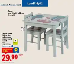 Lidl Livarno Home Table et deux chaises pour enfant renard ou cerf offre