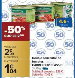 Carrefour Double concentré de tomates CARREFOUR CLASSIC’ offre