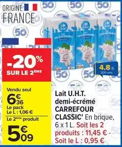Carrefour Carrefour classic - lait u.h.t. demi-écrémé offre