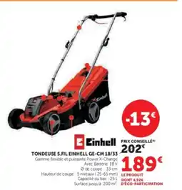 Hyper U EINHELL Tondeuse s.fil einhell ge-cm 18/33 offre