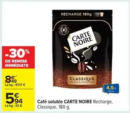 Carrefour Café soluble CARTE NOIRE Recharge, Classique, 180 g offre