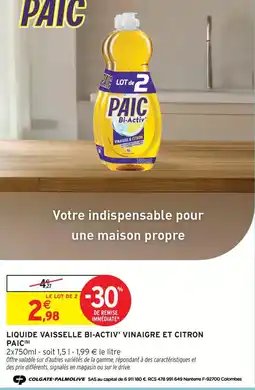 Intermarché Paic liquide vaisselle bi-activ' vinaigre et citron offre