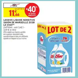 Intermarché Hyper LE CHAT Lessive liquide sensitive savon de marseille 2x38 offre
