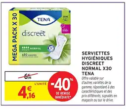 Intermarché Hyper TENA Serviettes hygiéniques discreet normal x30 offre