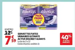 Auchan ALWAYS Serviettes fuites ultimate acti active discreet offre